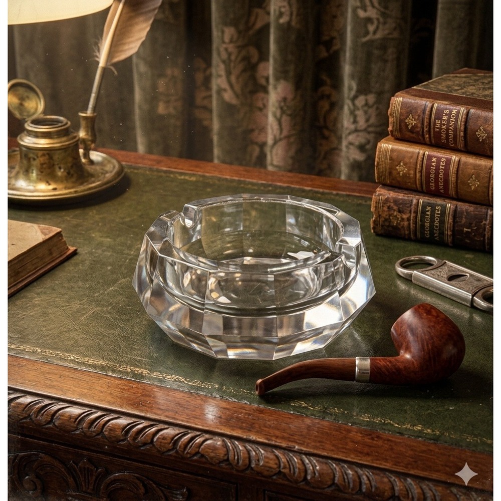 Vintage Heavy Faceted Lead Crystal Ashtray 12-Sided Geometric Cigar Cigarette